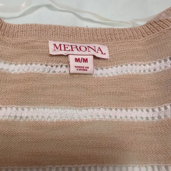 Tan White Stripe Open Front Cardigan Neutral Lightweight Medium Size US - Picture 5 of 5